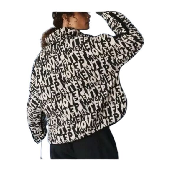 Free People Oversized Puffer Jacket Movement Zips XS-X Black White Spell Out New - Picture 3 of 16